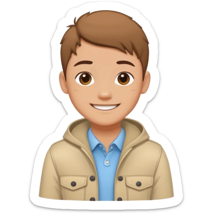 Cartoon avatar sticker of a young person, friendly smile, modern outfit, clean vector illustration, thick outline, flat colors, simple background, sticker style, high quality, transparent background sticker