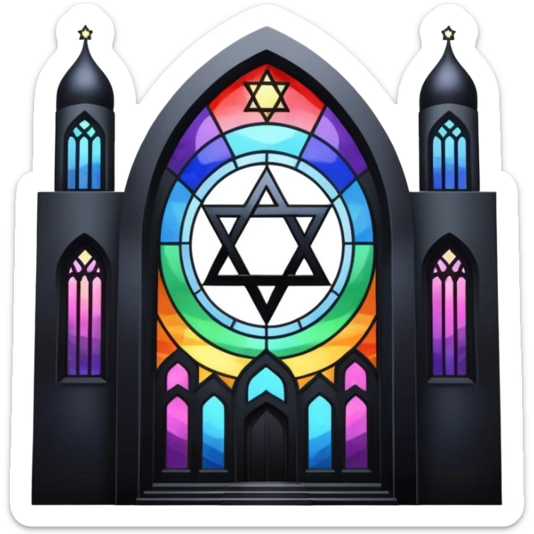 jewish synagogue temple in dark goth aesthetic style with black building and very light tint rainbow stained glass windows. and star of david and celestial symbolism sticker