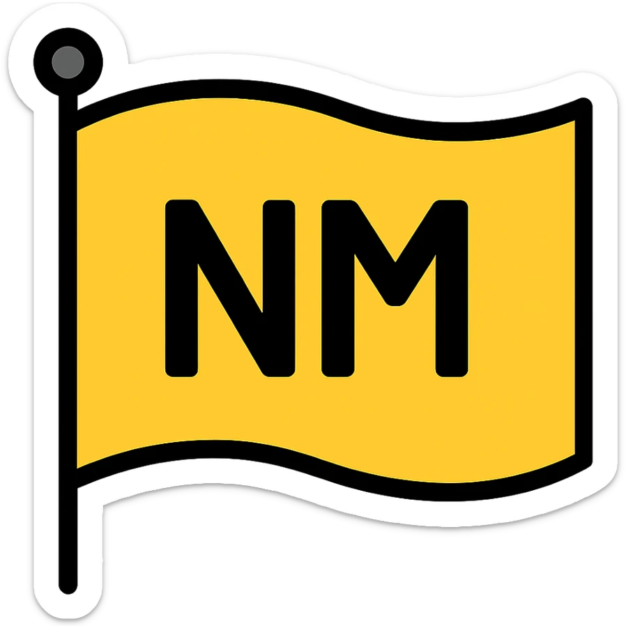 Create a flag in the style of the provided image but without the bird. Add the letters 'NM' in the center, bold and clear, maintaining the style's lineal color icon with black outlines look. sticker