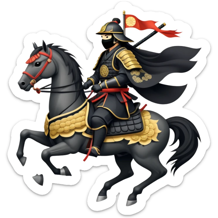 clash-of-clans-aesthetic_-cinematic-fearsome-and-majestic-samurai-bust-portrait-emoji, rendered in a flat, vector-style with minimal shading and bold, simplified shapes typical of emoji art, depicting a battle-hardened samurai with black mask and traditional black Japanese armor. The samurai is riding a noble grey warhorse adorned with an intricately designed saddle and fluttering banners and a rising sun. a samurai riding on a  horse sticker