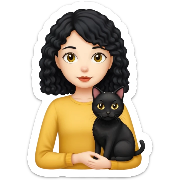 A girl with long black hair is holding a black cat, a yellow short-haired cat, and a curly-haired dog sticker