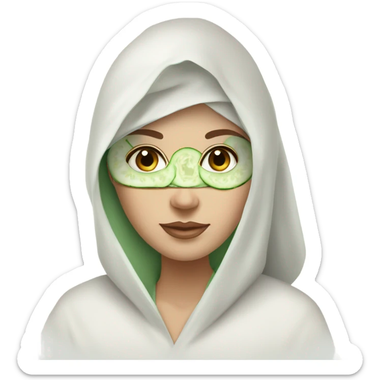 White girl with Brown hair and blue eyes wears a Green clay colored skincare textured mask and puts on cucumbers around her eyes while She relaxes in her white Robe sticker