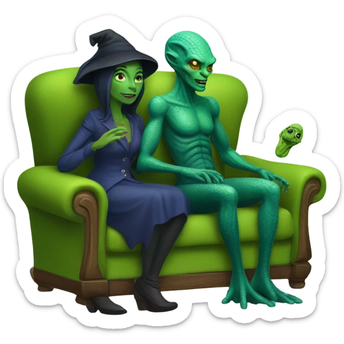 alien reptilian woman as witch, human man in blue, sitting on a couch  sticker
