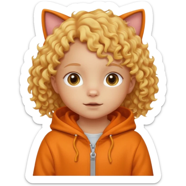 little kid Toddler in orange cat hoodie, curly blonde hair sticker