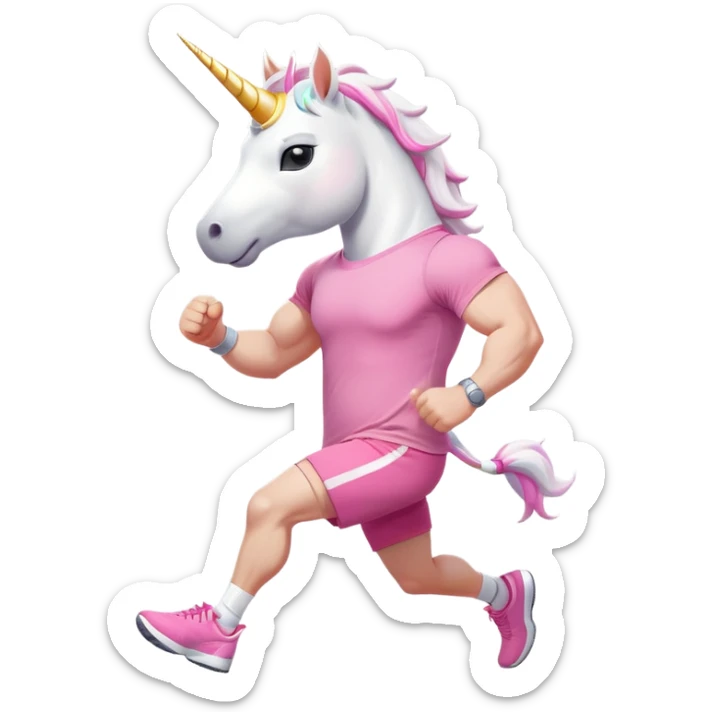 friendly anthropomorphised male white unicorn with a fit, chunky, muscular and strong physique, arms and legs matching the white of the head, in grey shorts and pink t-shirt, wearing dark sunglasses, jogging upright in a relaxed pose sticker