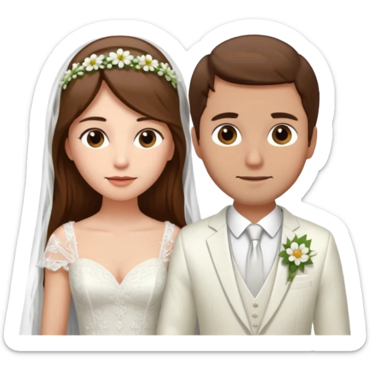 Woman with long brown hair and fair skin wearing a wedding dress and veil. And a man with short brown hair and fair skin wearing a white suit with a flower. sticker