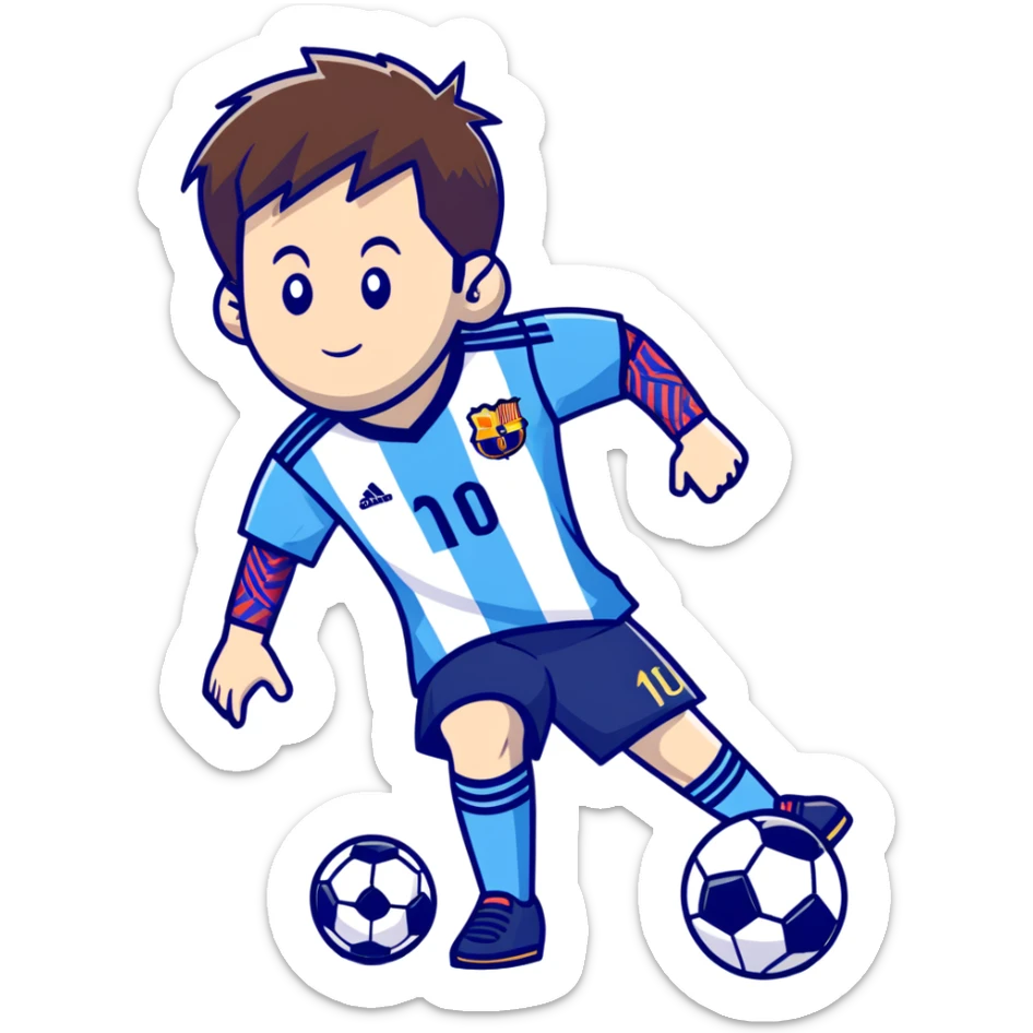 lionel messi dribbling a soccer ball wearing a blue and white jersey sticker