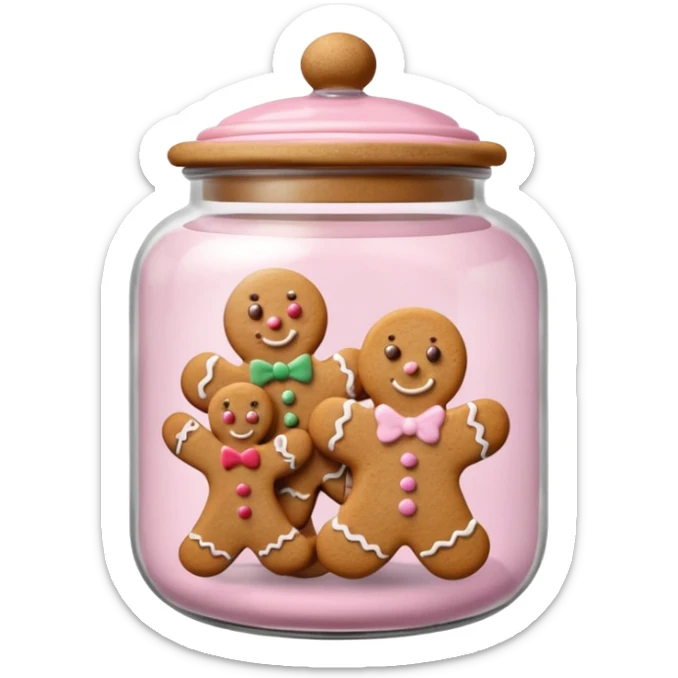 Realistic glass cookie jar with light pink lid full of gingerbread cookies isolated sticker