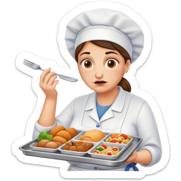 lunch lady with a tray of unappetizing food, exaggerated disgusted face sticker