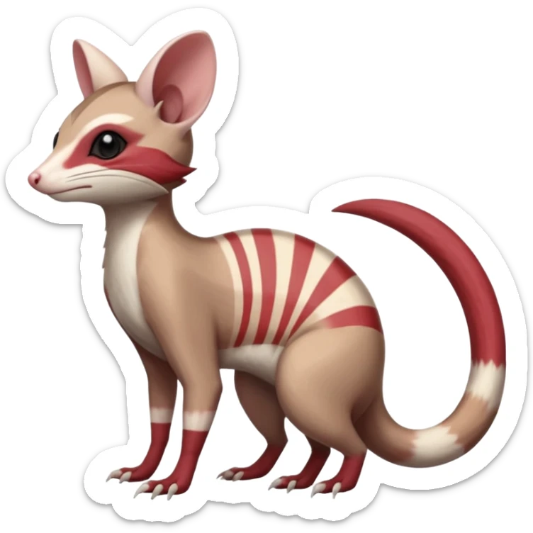 Minccino-Opossum-Numbat-Sphynx-Zangoose-fusion-hybrid-animal-Fakémon-creature, full body, thin long sleek scaly tail, intricate markings sticker