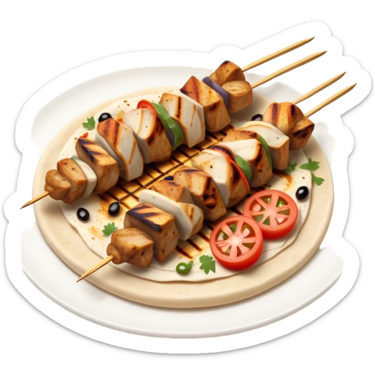 cinematic-realistic-souvlaki-dish-emoji,-showcasing-skewered,-grilled-chicken-with-mediterranean-spices-rendered-with-dynamic-textures-and-warm,-appetizing-lighting on pita bread on a plate sticker