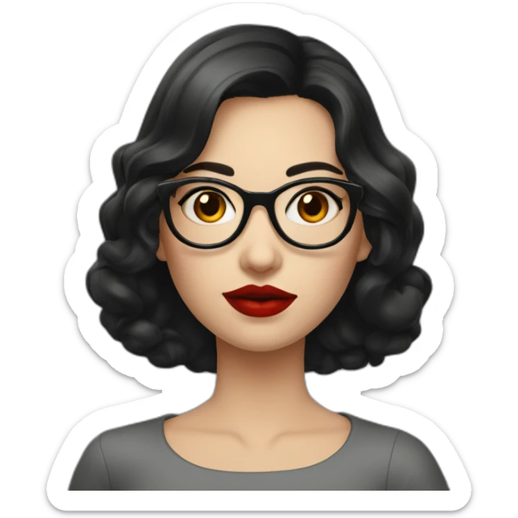 A Russian girl with a dark hairstyle, red lipstick on her lips and glasses sticker