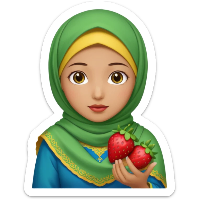 Turkish beautiful finish Konya girl blue eyes with red yellow green hijab islamic dress and had on her hand strawberry  sticker