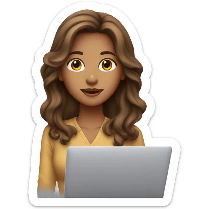 Girl with long semi-wavy brown hair and tan skin, working on macbook sticker