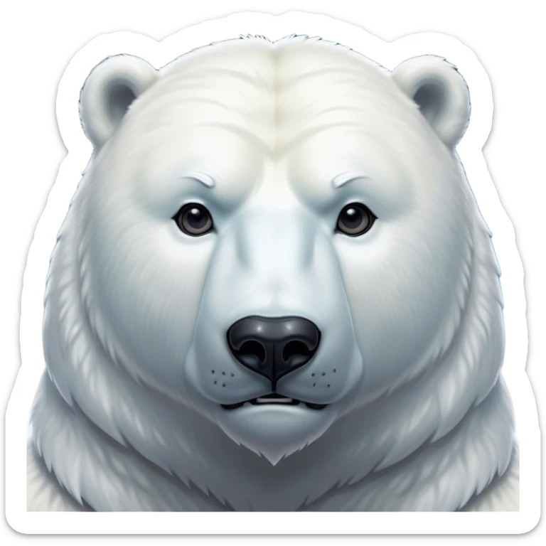 Cinematic Noble Polar Bear Portrait Emoji, Poised and regal, with a strong, muscular build cloaked in thick, snowy fur and piercing, determined eyes, Simplified yet sharp and sophisticated features, highly detailed, glowing with a soft, dignified polar glow, high shine, intelligent and majestic, stylized with an air of arctic authority, focused and commanding, soft glowing outline, capturing the essence of a watchful and confident guardian that feels as though it could step out of the screen with effortless authority! sticker
