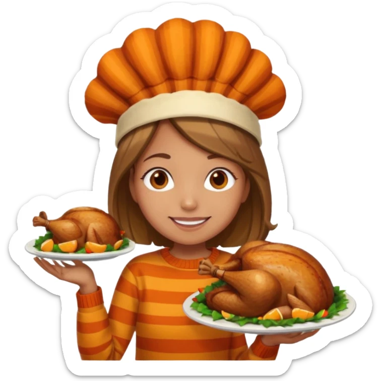happy tan girl with an orange striped sweater and a cooked browned turkey on her head  sticker