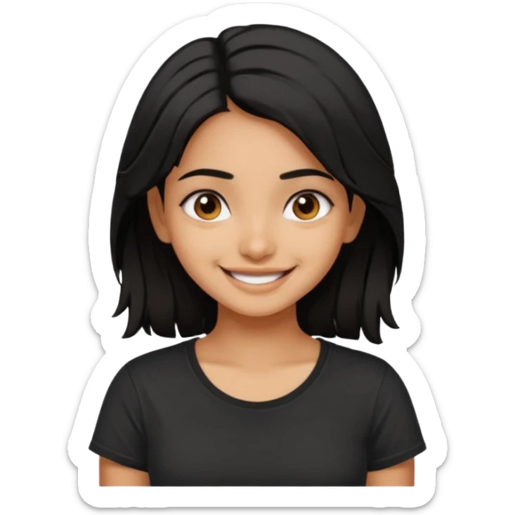 a pretty tan indian bratz girl with messy dark black hair, wearing a black tee. sticker