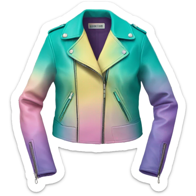 Realistic isolated side view of an open teal,pastel pink,pastel purple,and yellow ombre feminine fashion leather jacket.  sticker