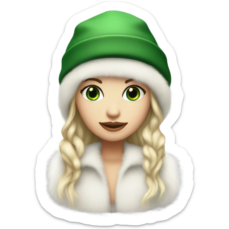 Realistic White girl with Long straight blonde hair, green eyes, tattoos, full body wearing white fur coat and fur hat sticker