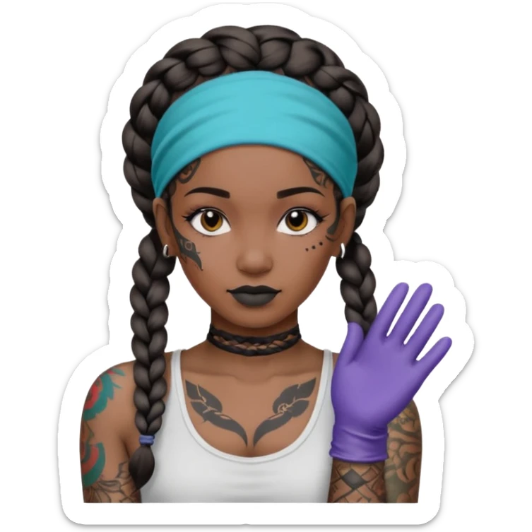 big lose braids starting from the top of the head woman face wiith big visible braids and mono color headband on head  face and braids as big as headband and lots and lots of face tattoos colored tattoos like a tattoo artist sticker