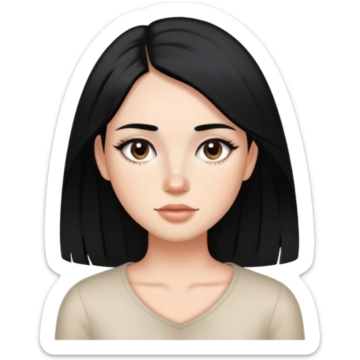 woman with silky straight black hair, subtle makeup, and cute freckles sticker
