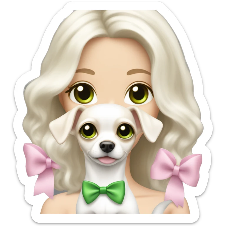 pale blond girl with wavy long platinum white hair with bright green eyes holding a white chihuahua that wearing a pink bow sticker