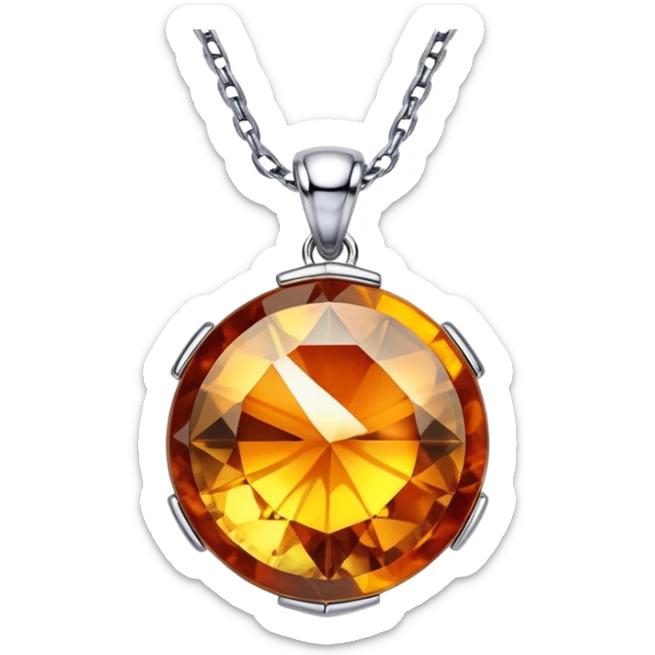 extreme close up of a round cut holographic amber charm with silver metal accent and figaro chain sticker