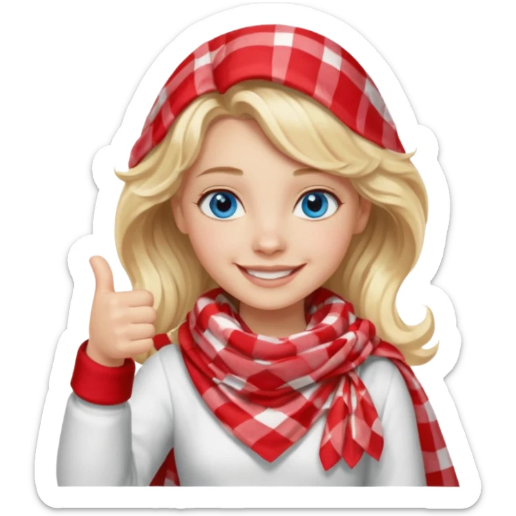Blonde Girl Model, Blue Eyes, wavy hair, smiling, thumbs up, wearing red Checkered Triangle scarf, white dress sticker