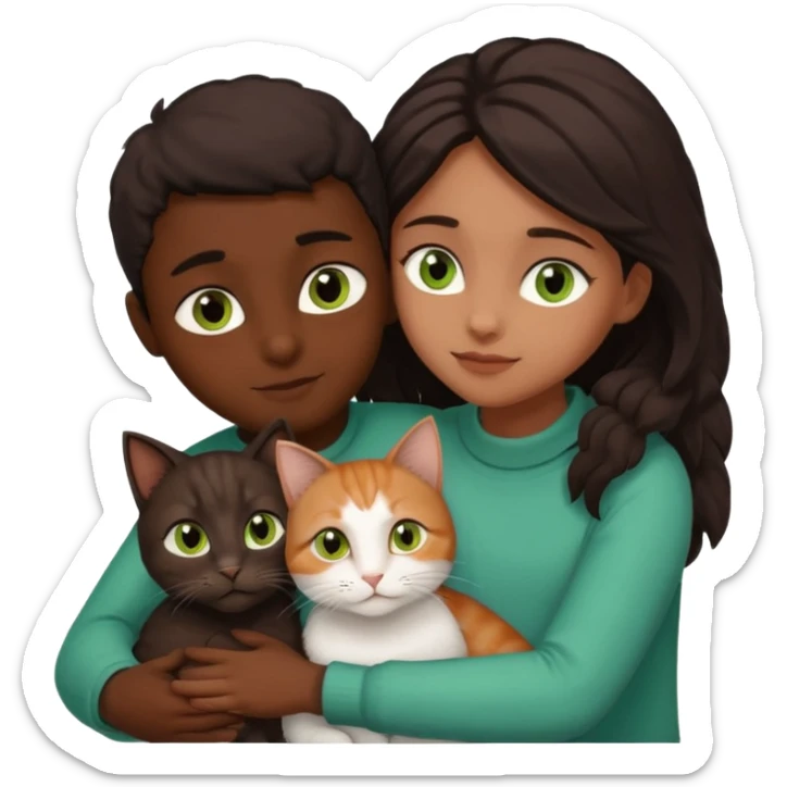 Crea un emoji donde salga un chico moreno con los ojos claros, una chica morena con los ojos marrones y SOLO UN gato europeo comun de pelaje oscuro y ojos verde claro, quiero que se esten abrazando y el gato este en el medio de los dos sticker