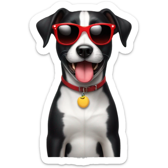 Black short hair female dog with sunglasses and red lips  smiling with the tongue outside de mouth . The dog has a partial white chest sticker