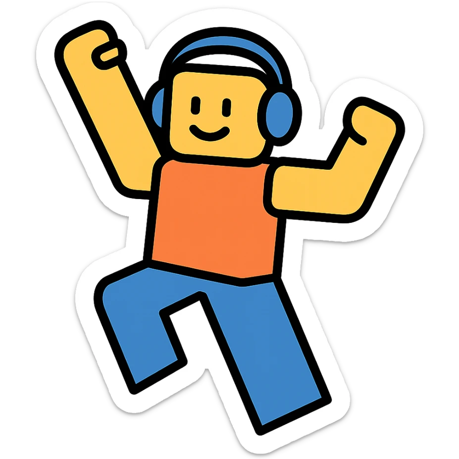 roblox character, blocky avatar, with headphones, energetic stance, color outline icon style sticker