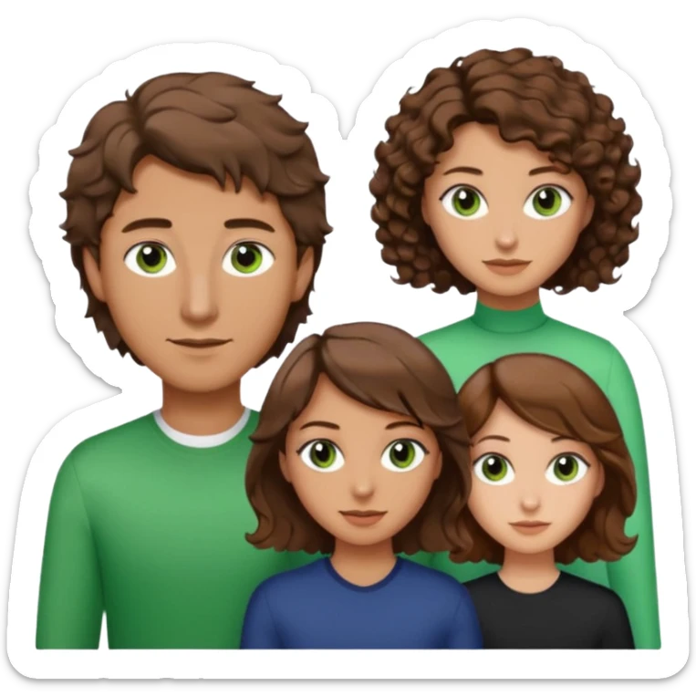 Man in the middle with brown hair and green eyes, women next to him with short brown hair with slight waves, taller women on right side with shoulder length curly hair and brown eyes sticker