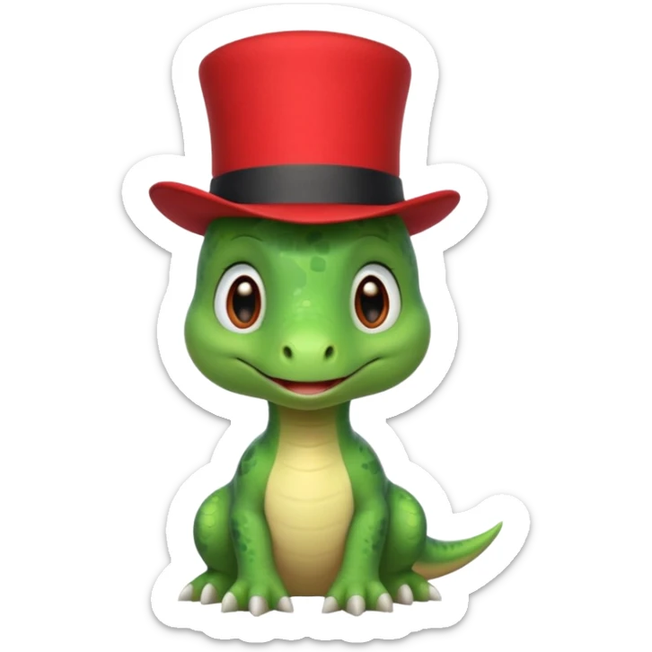 A very cute and adorable green anthropomorphic baby dinosaur with a red top hat sticker