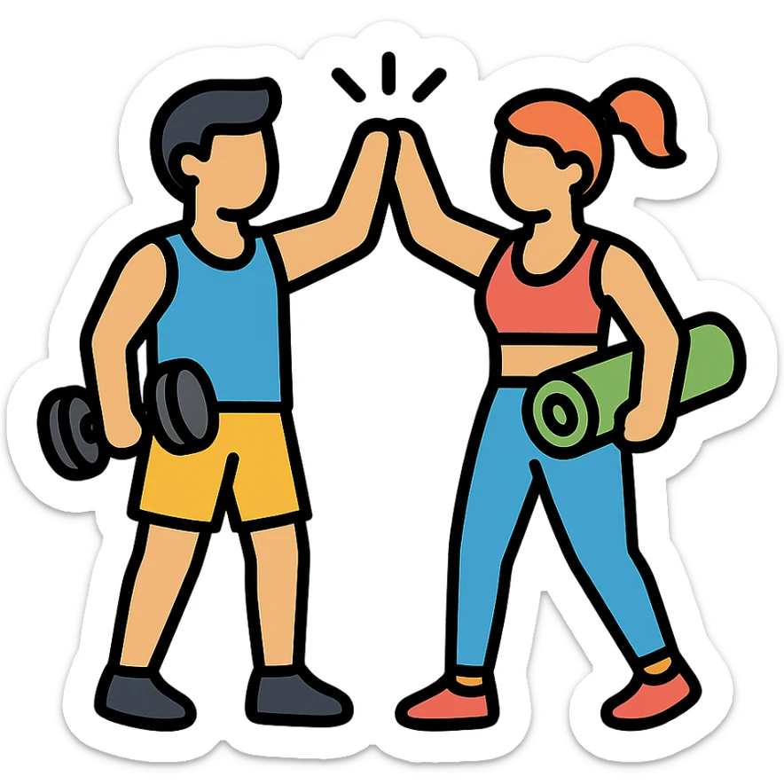 two people high-fiving after a workout, clean lines, fitness theme icon style sticker