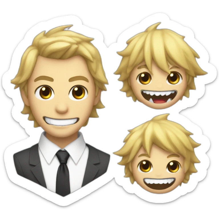 Denji with his blond hair in a shaggy style, brown eyes, with his shark teeth, is smiling evil and with a shirt with a black tie but without a suit from chainsawman sticker