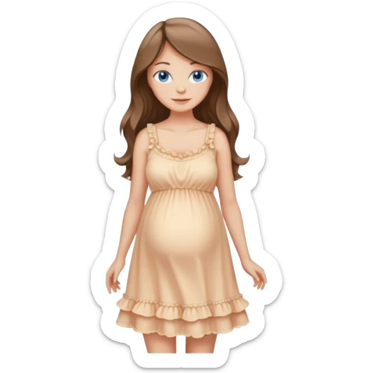Beautiful Woman with Blue eyes, and long flowing almond brown hair and a light peachy tan skin tone, standing in a relaxed pose with a visible baby bump in frilly buttercream colored babydoll sundress  sticker