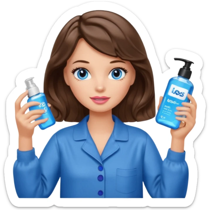 Barbie girl with makeup, blue eyes , and bob long haircut wavy, short brown hair in brown pajamas, face gel in hand sticker