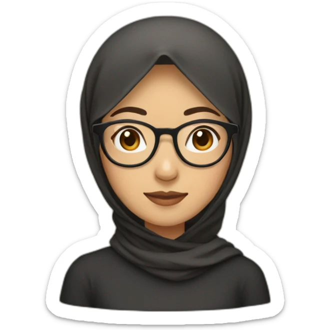 asian woman wearing brown hijab, black shirt, and rounded glasses sticker