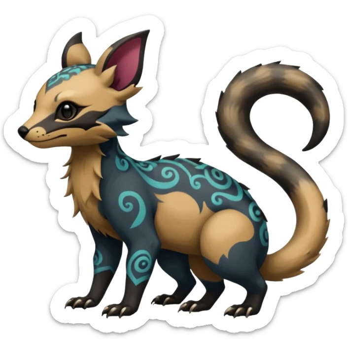 Rare warm-colored exotic cute epic aesthetic gothic colorful Salandit-Eevee-Civet-species-Fakemon-hybrid-creature, with intricate tattoo markings, full body sticker