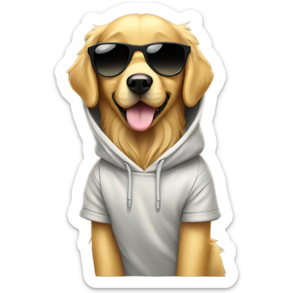 golden retriever wearing sunglasses and a hoodie sticker