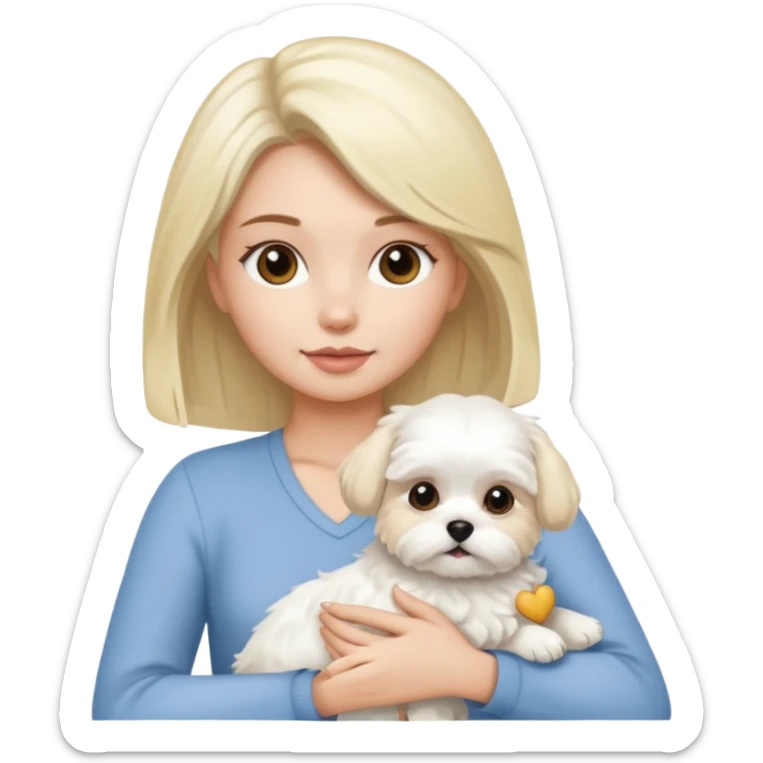 brunette woman and blonde long haired woman holding Maltese dog sticker