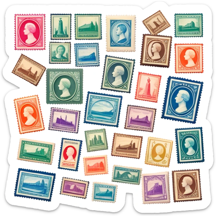 Icon for Stamp Collecting: a collection of vintage and colorful stamps arranged in an album or on a desk, with a large stamp block in the center showcasing different themes. The icon should reflect the charm and history of philately. Transparent background. sticker