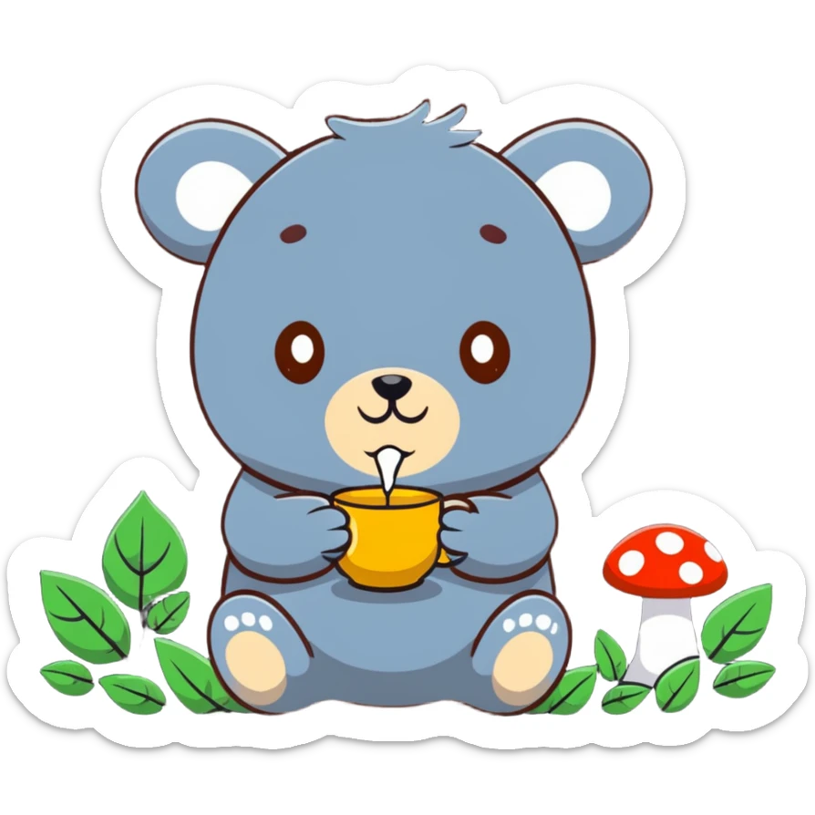 little bear sipping tea in the forest, surrounded by leaves and mushrooms sticker