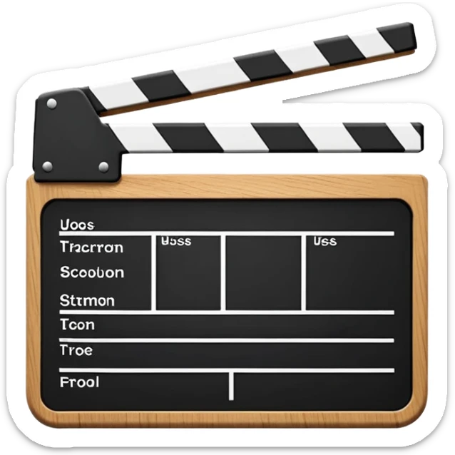 Movie clapperboard with black and white stripes at the top, iOS emoji style, clean minimal design sticker