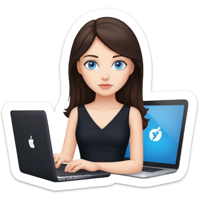 A brunette woman, with blue eyes, with a Laptop, wear a Black dress sticker