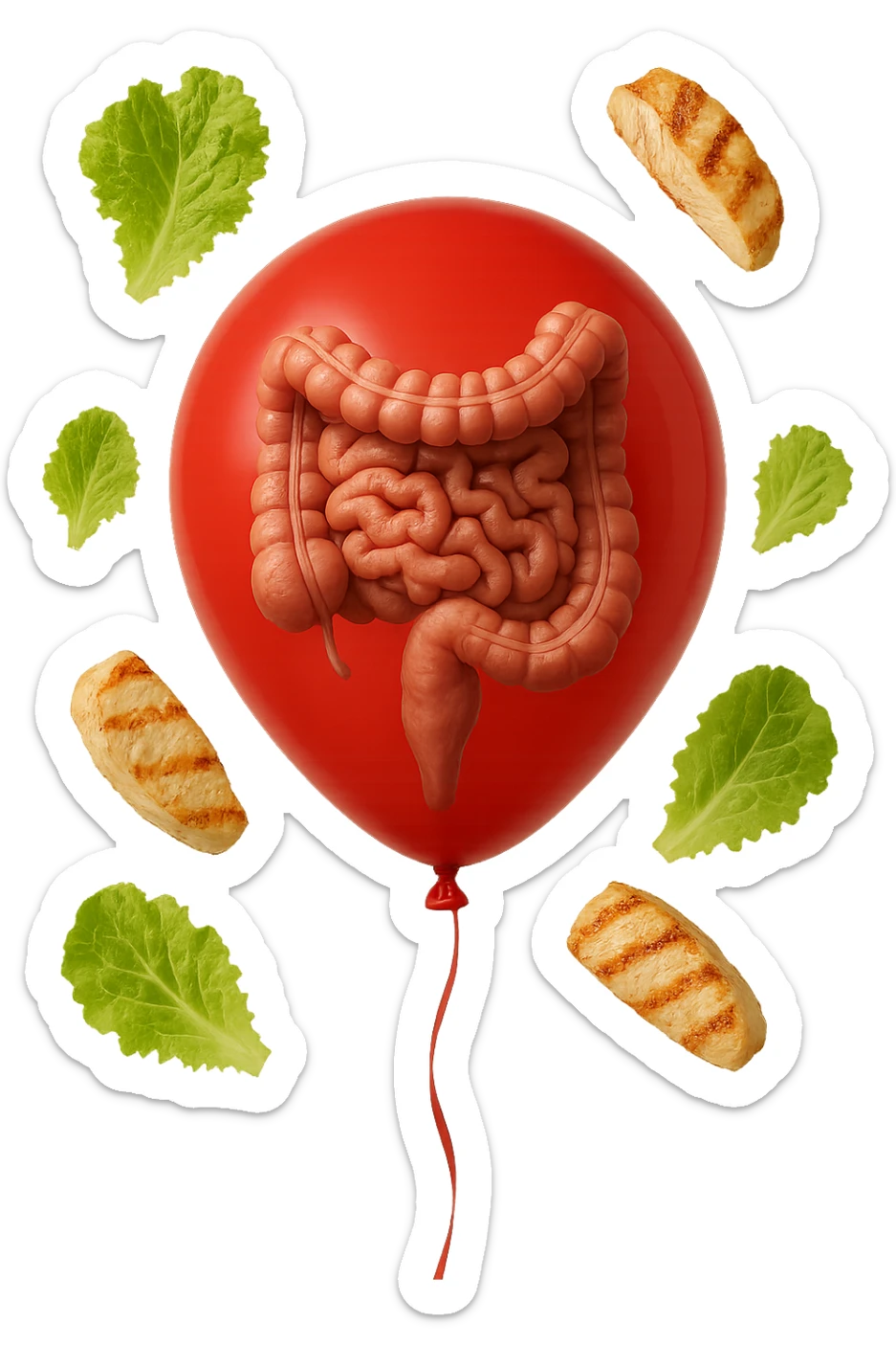intestino anatomico realistico chiuso in un palloncino rosso e foglie di insalata e petto di pollo grigliato che fluttuano intorno sticker
