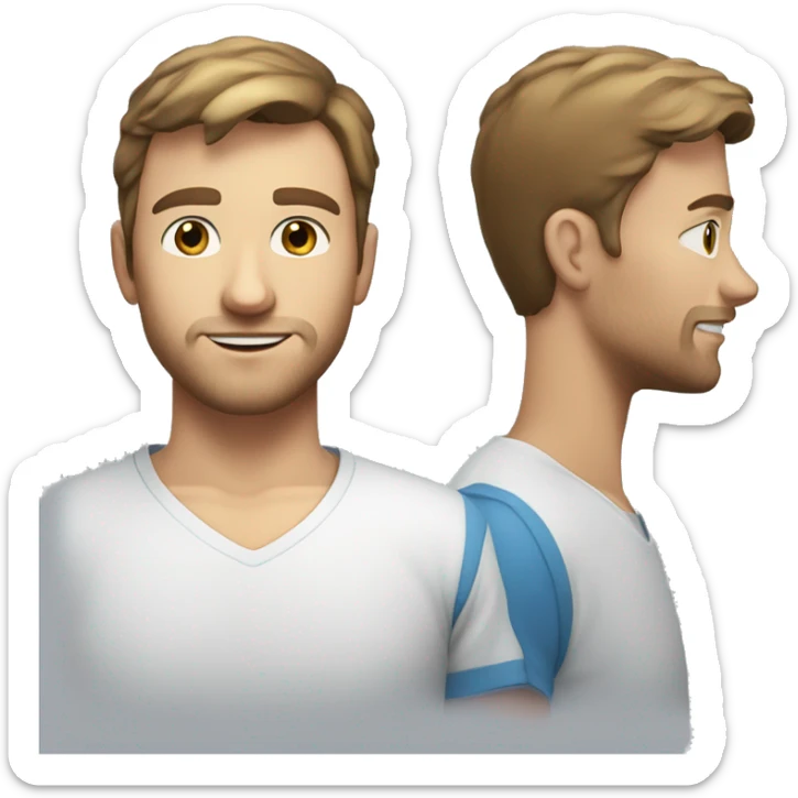 A 24 year old, Caucasian man, with short brown hair, with stubble facial hair,   with blue eyes wearing a t-shirt. sticker