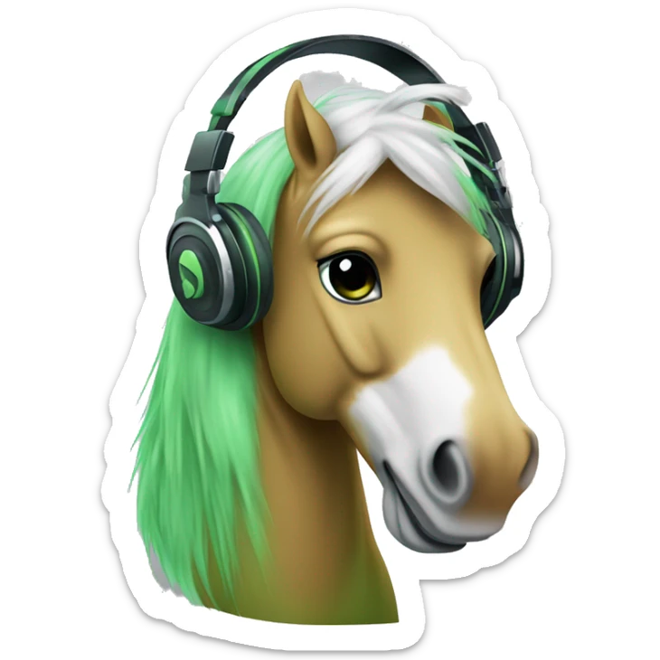 emoji of a green hobby horse with white hair, and dj headphones on. it’s face is made of combination of laughing emoji and kissing emoji  sticker