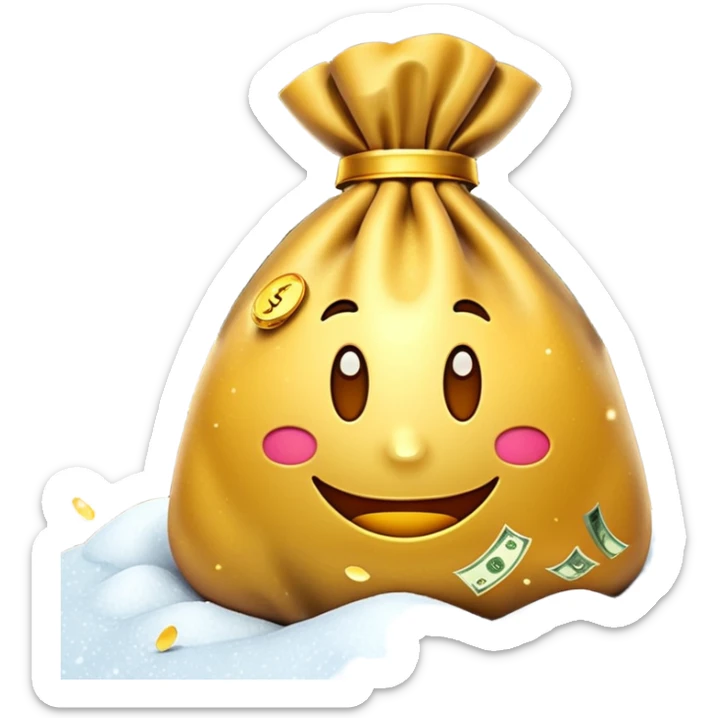 3D emoji style, money bag with dollar bills, New Year theme, snow particles, festive lighting, rich vibe, high detail, transparent background

 sticker