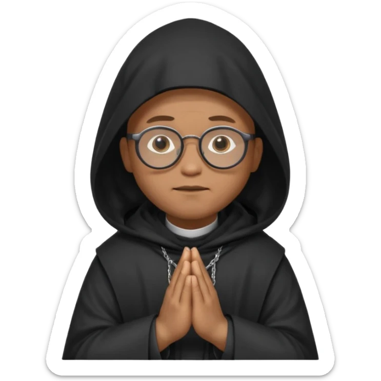 Monk priest prayer black habit with hood round black glasses done light brown wavy hair under hood remove the medallion smaller more round glassed age 46 remove necklace thinner or more oval face  sticker